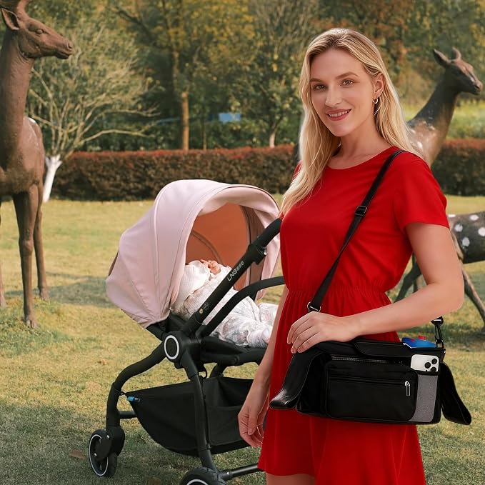 Compact Universal Stroller Organizer: Insulated Cup Holders, Detachable Phone Pouch + Shoulder Strap, Ideal for Parenting Journeys (Pink)