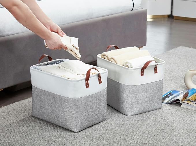 DECOMOMO Fabric Storage Bins, Extra Large Storage Baskets with Handles | 3 Pack Storage Baskets for Shelves, Laundry, Toys, Nursery (Grey & White)