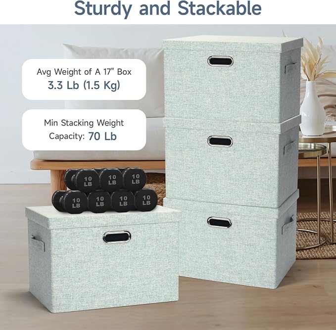 Storage Bins with Lids Fabric Closet Organizers Cubes Office Organization | 36 Quart 3 Pack Light Green Collapsible Stackable Linen Fabric 4 Handles Bedroom Closet Cabinet Under Bed Clothes Toy Office