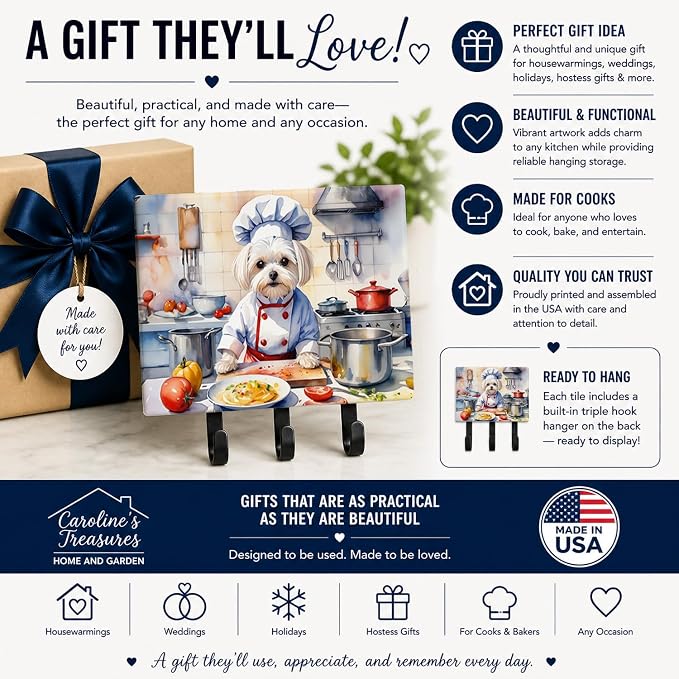 Caroline's Treasures Maltese The Chef Leash or Key Holder Wall Hooks, Key Hooks Holder, Coat Rack Wall Mount, Coat Hooks, Hooks for Hanging Keys, Towels, Aprons, Leashes | Maltese The Chef artwork on ceramic tile with three steel hooks for keys, leashe...