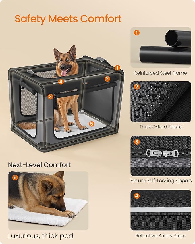 Feandrea Collapsible Dog Crate, Portable Travel Crate, 42-Inch | Oxford Fabric Pet Carrier with 4 Mesh Doors, Handles, Storage Pocket, Water Bottle Holder, UPDC021B01