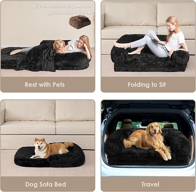 EHEYCIGA Foldable XXL Dog Bed for Large Sized Dog - 54x38x7.5, Black | Faux Fur Fluffy Pet Couch Bed, Orthopedic Calming Memory Foam Big Pet Bed, Washable Pet Sofa Bed with Non-Slip Bottom