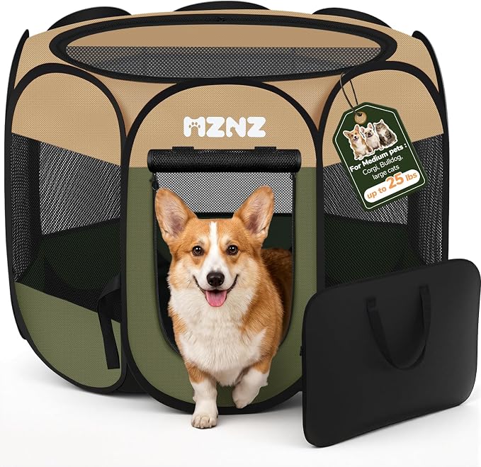 Dog Cat Small Animal Puppy Playpen Crate, Medium, Olive Green | Portable Pop Up Pet Cage Enclosure Tent Kennel Indoor Outdoor with Carrying Case, No Assembly, Camping Use