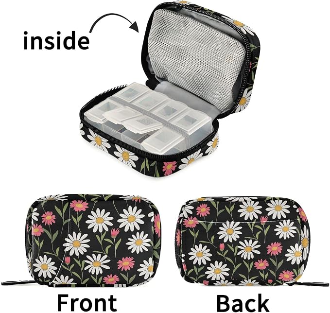 Fustylead White and Pink Cute Daisy Flowers Pill Organizer for Purse, Weekly Portable Pill Box with Zipper to Storage Vitamins Fish Oils Medications Supplements