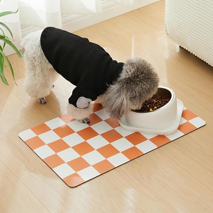 Ralxion Checkered Dog Feeding Mat, Absorbent Mats for Dog Food and Water Bowl, Dispenser, Aesthetic Orange Checkerboard Pet Placemat for Dogs, Cats, Puppy Accessories 16 x 24