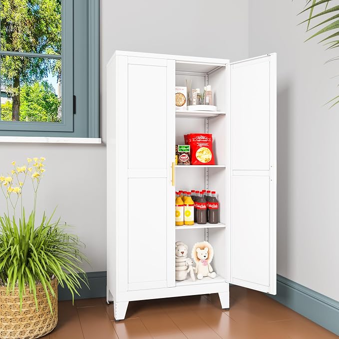 GAIOUS Metal Pantry Cabinet, Kitchen Pantry Storage Cabinets with 2 Door | and 3 Adjustable Shelves, White Kitchen Pantry Cabinet, Freestanding Cupboard for Dining Room Living Room Bathroom