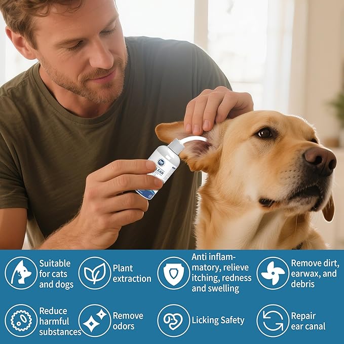 Dog Ear Cleaner, Contains Aloe Vera, Relieves Itching, Removes Earwax Buildup, Debris, Odors, Non Irritating, with Extended Soft Silicone Dropper, For Dogs and Cats, 2 Bottles (4.06 oz in total)