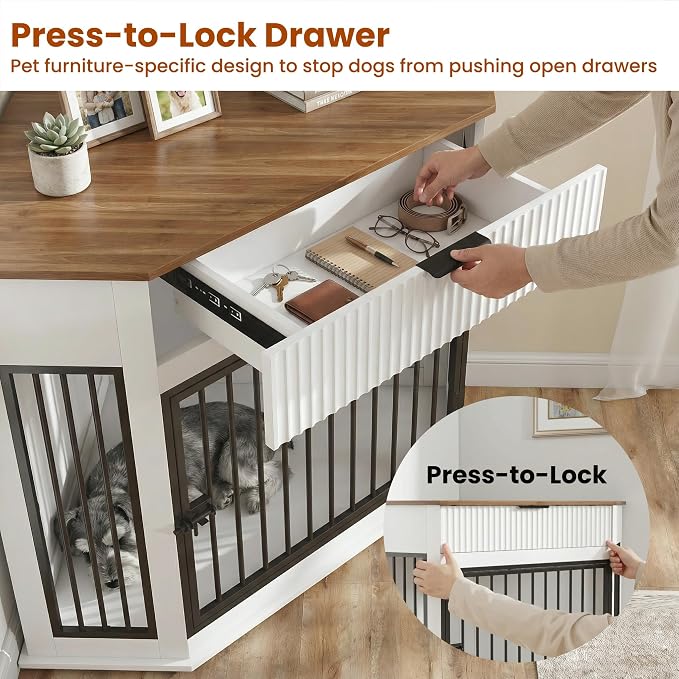 44.6" Corner Dog Crate Furniture for Small Medium Dogs, Modern Medium Size Decorative Dogs Crates End Table with Fluted Drawer, Wooden Dog Cage Kennel Furniture for Home Décor, White
