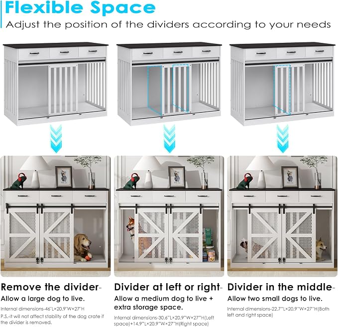 Spacesea Large Dog Crate Furniture with Sliding Barn Door, 48" Wooden Dog Kennel Indoor End Side Table for Home Decor, Removable Divider, 3 Drawers, Furniture Style Dog Crate TV Stand