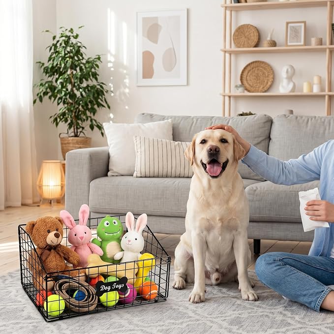 Dog Toy Basket Metal, Chew-Proof Dog Toy Box,Puppy Toy Food Container Bin for Living Room, Black