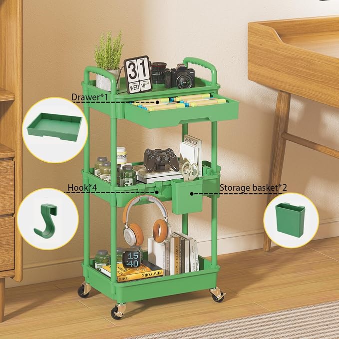 3 Tier Rolling Utility Cart with Drawer, Plastic Storage Organizer Rolling Carts with Wheels Handles Hanging Cups Hooks for Office, Bathroom, Kitchen,Craft Art Room (Green)