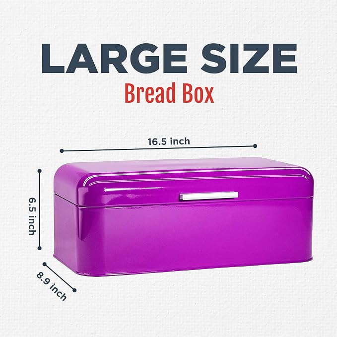 Culinary Couture Extra Large Purple Bread Box for Kitchen Countertop - Holds 2 Bread Loaves! - 16.5" x 9" x 6.5" - Stainless Steel Vintage Bread Boxes for Kitchen Counters - Bonus Recipe Ebook