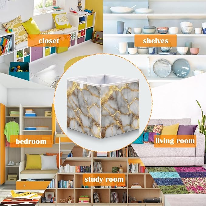 Gold Marble Pattern Cube Storage Bins Collapsible Fabric Storage Baskets Large Clothes Organizer Box for Bedroom Living Room Study Room 11×11×11 In