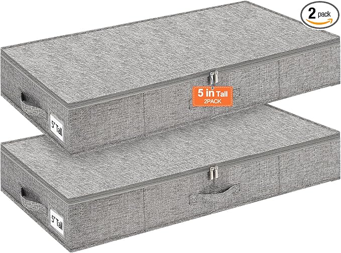 punemi 5 inch High Sturdy Low Profile Under Bed Storage, 2 Pack, Grey | Shallow Storage Bin with Sturdy Sides & Bottom, Ideal for Clothes, Blankets & Toys, Fits Under Cribs, Sofas & Dorm Beds