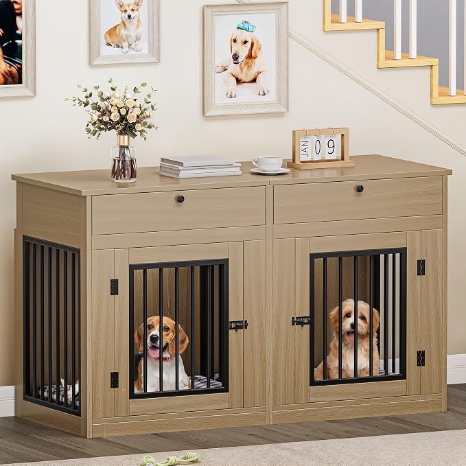 YITAHOME 60" Dog Crate Furniture with Removable Divider & Storage Drawers | Double Door Kennel with Locks for Medium and Large Dogs, Multi-functional Dog Crate End Table, Light Beige