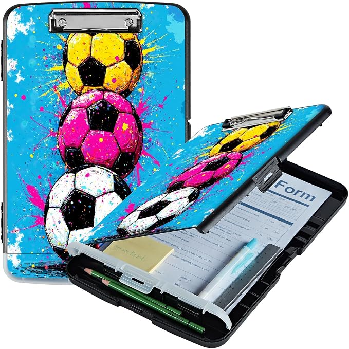 A4 Clipboard with Storage Pen Holder, Clipboards Organizer Nursing Clipboard Foldable File Folder Plastic Clipboard Folio Clip Board for Office Work Classroom Doctor, Soccer Painting