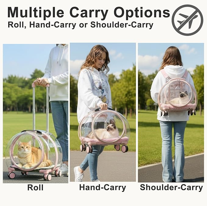 Transparent Hard Shell Cat Carrier with Wheels, Pink | Rolling cat carrier, 17-lb max load, Breathable, Telescoping handle, Shoulder strap, Clear pet carrier, Portable, Travel