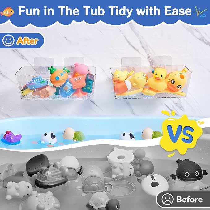 Antimbee Clear Bath Toy Storage 2 Pack, Large Bath Toy Holder (2 US Gal) | No Stains, Quick Dry, Adhesive Mount, Easy Scoop, Visibility, BPA-Free Bath Toy Organizer, Shower Caddy for Bathtub, Bathroom