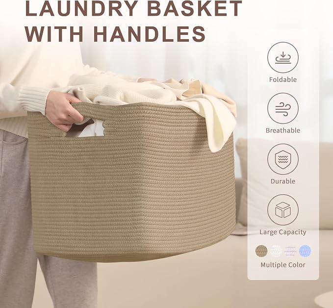 100L Extra Large Woven Laundry Basket Hamper with Handles, Jute | collapsible wicker hamper, storage for dirty clothes, toys, blankets, gifts, living room, bedroom, bathroom, 24"x16"x16"