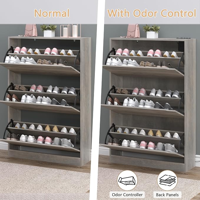 BORNOON Shoe Cabinet with Odor Control and Back Panels, Deodorizing Slim 3-Flip Shoe Storage Cabinet for Entryway, Freestanding Hidden Shoe Rack Organizer for Entrance, Hallway, Bedroom