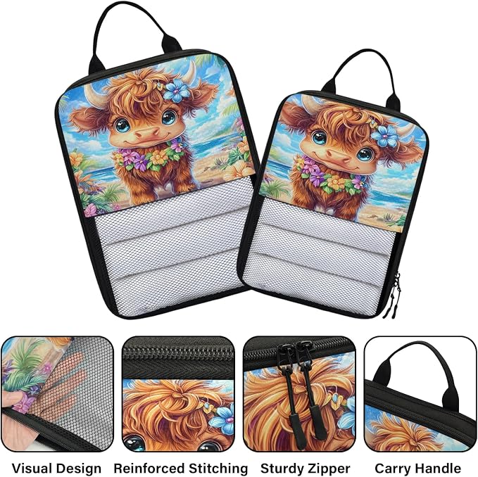 Cute Highland Cow 6 Set Compression Packing Cubes Watercolor Floral Expandable Packing Organizer for Travel Accessories Luggage Suitcase Bag