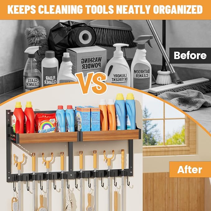 Broom and Mop Organizer Wall Mount, 2 pcs | Wall Hanging, Cleaning Supplies Organizer, Storage Shelf and Hooks, For Laundry Room Garage Kitchen