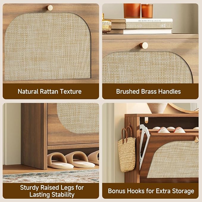 Freestanding Ultra Slim Arched Rattan Accent Shoe Storage Cabinet for Entryway - 4 Flip Drawers & 3-Tier Adjustable Shelves, Farmhouse Modern Rustic Shoe Rack for Hallway, Foyer Oak