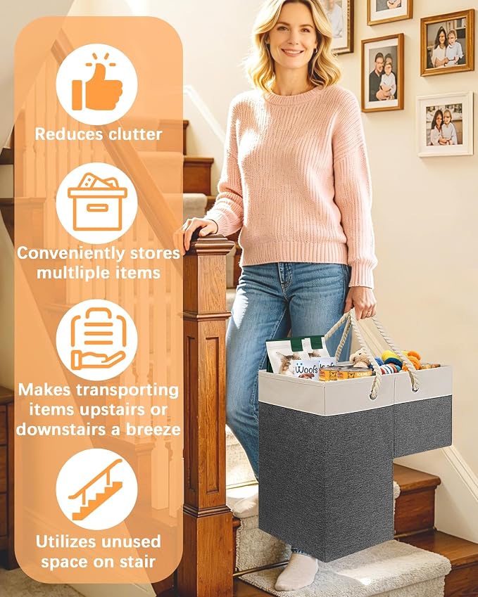 LHZ.K Stair Basket with Removable Divider & Sturdy Handles,1pcs Grey | 16" Rigid Foldable Stair Storage Basket for Carpeted & Wooden Stairs, Large Capacity for Laundry, Toy, Pet Supplies & Clutter