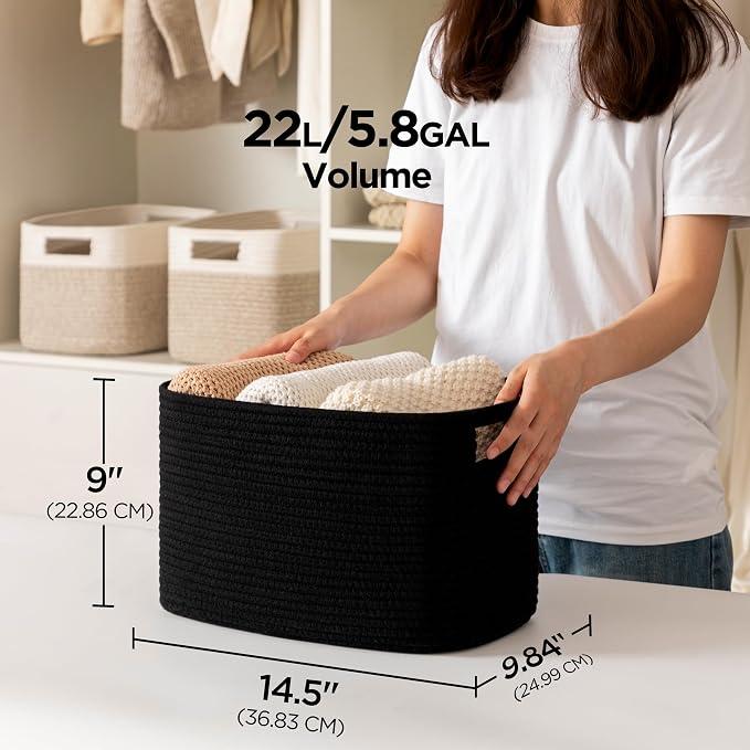 4 Pack Storage Baskets for Organizing, Shelf Baskets with Handles, Black | 14.5"Lx9.8"Wx9"H, Woven Basket, Cotton Rope Basket, Toy Storage, Cube Shelf, Gift Baskets Empty, Home Decor
