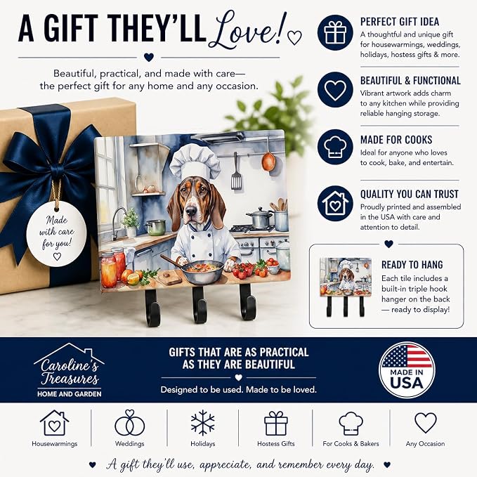 Caroline's Treasures American English Coonhound The Chef Leash or Key Holder Wall Hooks, Key Hooks Holder, Coat Rack Wall Mount, Coat Hooks, Hooks for Hanging Keys, Towels, Aprons, Leashes | American English Coonhound The Chef artwork on ceramic tile w...
