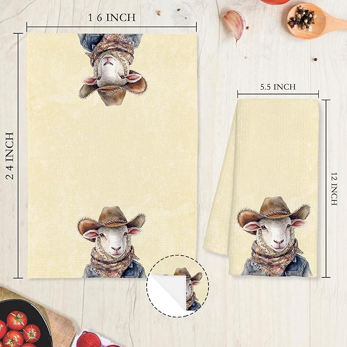 Western Christian Sheep Gifts Kitchen Towels Decorative - Sheep Lamb Lovers Gifts Dish Tea Towels for Kitchen Drying, Christian Cowboy Hat Lamb Hand Towels for Bathroom Decor, 16x24 Inch