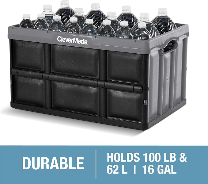 CleverMade Collapsible Storage Bins, 62L, 3 Pack Foldable Storage, Stone | Haul Bulk Groceries and Oversized Gear in Fewer Trips | Each Bin Holds 100 lb, Stacks Securely, and Folds to 2.75 Inches
