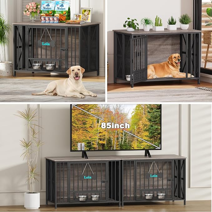 EasyCom Foldable Dog Crate Furniture, 41.3" Dog Crates for Medium/Large Dogs, Wooden Dog Kennel Indoor with Tag & Adjustable Bowls, Dog Cage Use as End Table/TV Stand, Oak Grey | Foldable Large Dog Crate Furniture for Large Dogs, Wooden Dog Cage Use as...