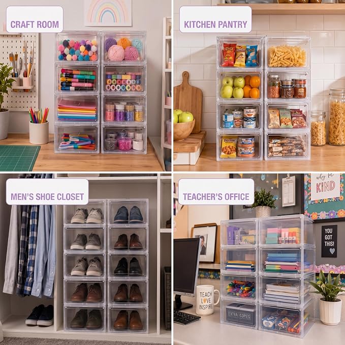 10-shelf Clothes Storage Organizer for Girls, Clear Plastic Bins | Clear Stackable Bins and Clothing Category Labels Help Organize Shirts, Pants and Dresses in Teen Bedrooms and Closets