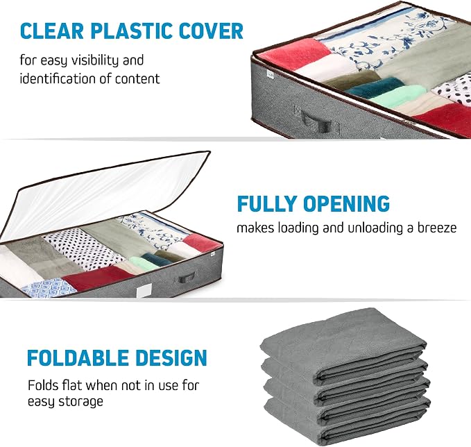 ZOBER Under Bed Storage Bags, Underbed Storage Containers, Gray, 90L 4-Pack | Non-woven fabric, foldable, clear top, dual zippers, reinforced handles, under bed storage containers for clothes, blankets