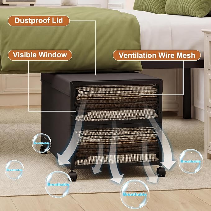 Fokyfok 2Pack Under Bed Storage Containers,16 inch Height,31 inch Long | Under Bed Shoe Storage,Underbed Storage with Wheels,Large Rolling under bed Clothes Storage Drawers,Lid,Dorm Tall,Black
