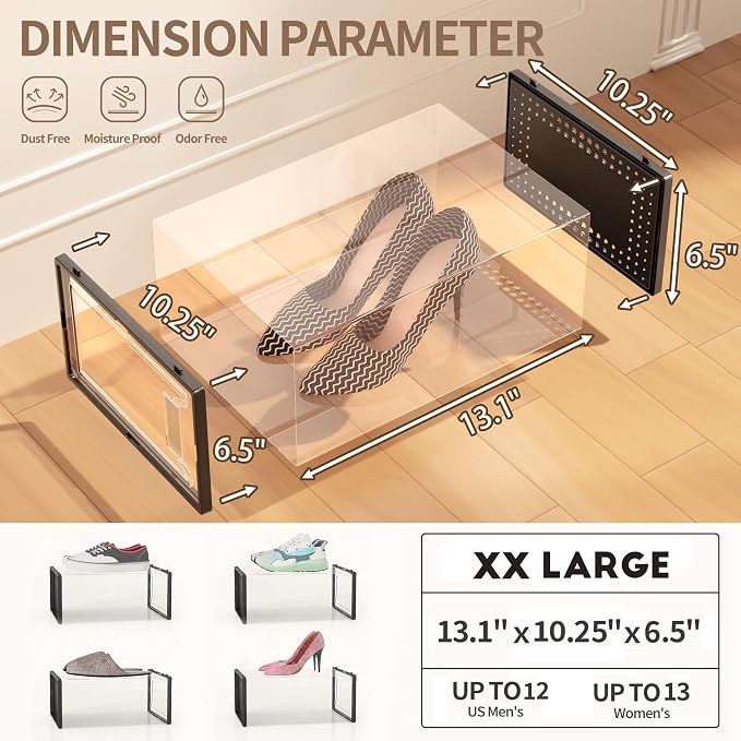 12 Pack XX-Large Stackable Clear Plastic Shoe Storage Box Organizer, Black | Easy to Assemble and Stack, Fit Size 11, Ventilated Dust-Proof, For Sneaker, Closet, Entryway, Under Bed, Replace Shoe Rack