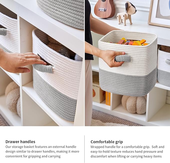 R RUNKA Storage Cube Baskets for Organizing- 3 Pack- 11 inch Square Baskets for Cube Storage, Closet Storage Bins- Woven Cube Storage Bins for Shelves- Ideal for Toy Storage |White & Grey