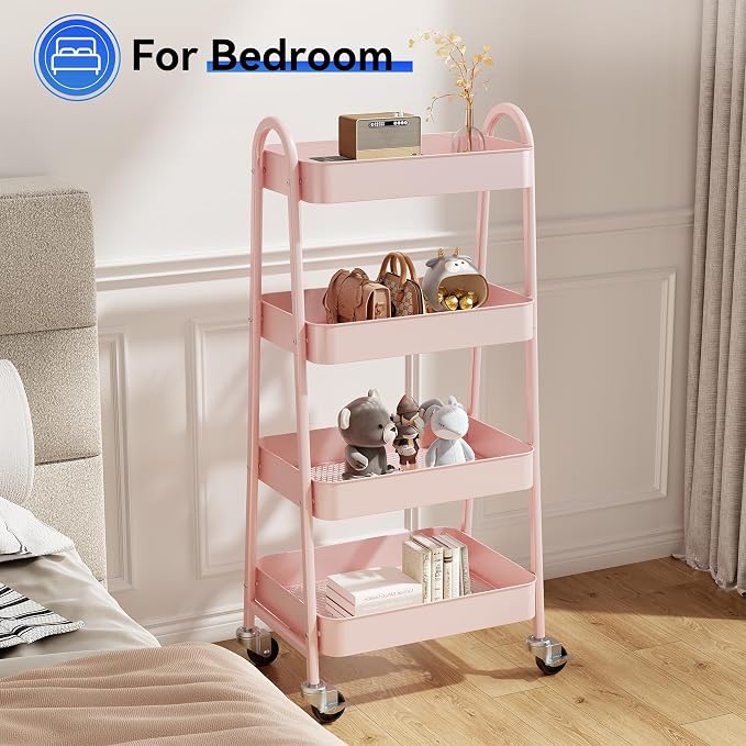 OLIXIS Metal 4 Tiers Rolling Storage Utility Cart with Lockable Wheels | Mobile Organizer Shelf, Space-Saving, Freestanding, Bathroom, Living Room, Slim, Narrow Corner Spaces, Pink