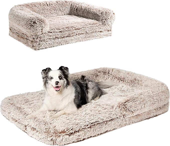 EHEYCIGA Foldable XXL Dog Bed for Large Sized Dog - 54x38x7.5, Faded Brown | Faux Fur Fluffy Pet Couch Bed, Orthopedic Calming Memory Foam Big Pet Bed, Washable Pet Sofa Bed with Non-Slip Bottom