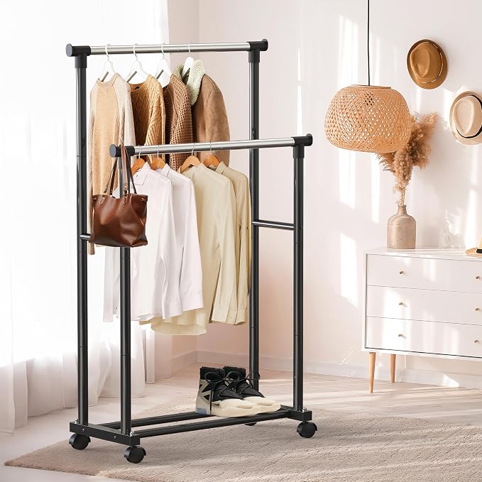 Simple Houseware Double Rods Clothing Hanging Rack on Wheels, Black | Metal Rolling Garment Rack