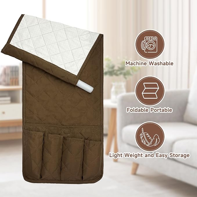 MEHIDFY Sofa Armrest Caddy, Waterproof Bedside Storage Organizer, Non Slip Armchair Pockets, Remote Control Holder for Couch, Handy Pouches with 6 Pockets for TV Remote, Phone, Magazine(Brown)