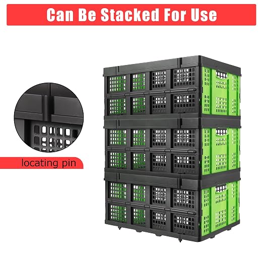 Garvee Collapsible Crate, 55L Foldable Plastic Milk Storage Crate, Green | Heavy Duty Stackable Plastic Crates Folding Storage Baskets for Groceries, Moving, Camping & Car Storage