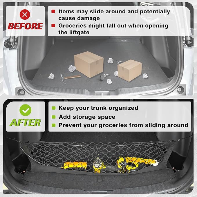 Muslogy Cargo Net for 2018-2023 Chevy Traverse Accessories | Custom Fit, Trunk Storage Organizer Net for SUV Sedan Van Divider, with Heavy Duty Carabiners, Night Visible Grab Handle