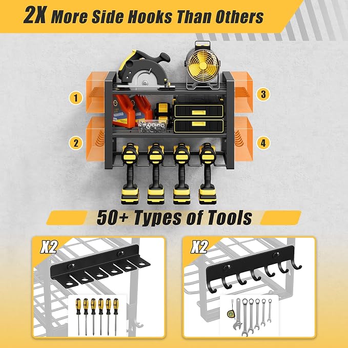 Power Tool Organizer Wall Mount, 150LBS Capacity, 3 Tier, 4 Drill Holders | 3-Tube Reinforced Design, Holds 50+ Tools, Cordless Tool Organizer, Rust Resistant, Quick Assembly, Garage Gift for Men