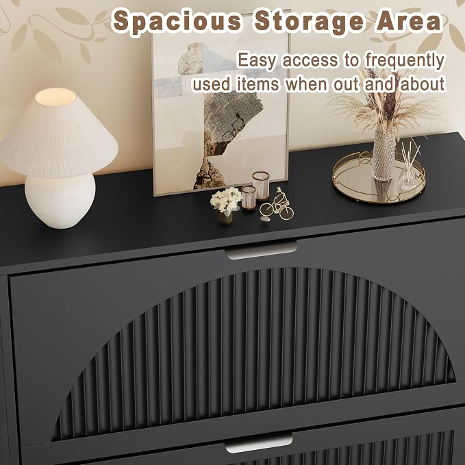 Shoe Storage Cabinet with 6 Flip Drawers, Narrow Wood Shoe Organizer Cabinet with Fluted Panel, Slim Shoe Rack for Entryway, Freestanding Shoe Cabinet for Living Room, Hallway, Black