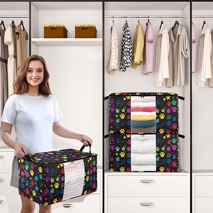 Generic Colorful Paw Prints Clothes Storage Bag Bins 2 Pack Foldable Storage Containers Large Closet Organizer with Zipper Storage Cubes for Pillows Comforters Clothing 95L, g355896602p976c1037s2358