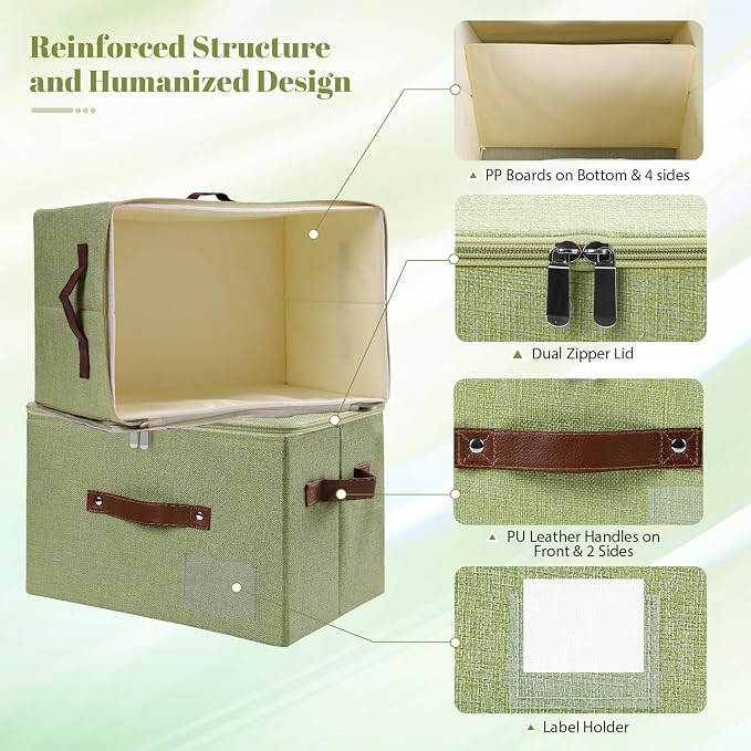 ANMINY Storage Box Fabric Bins with Zipper Lid, 17.7"x13.8"x10" Green, 3PCS | Keepsake Box, Decorative, Cotton Linen, Reinforced PP Board Frame, Washable, Stackable & Foldable, Label Holder & PU Handles