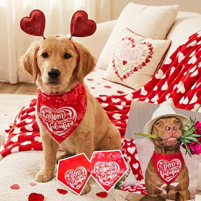 My Mom is My Valentine Dog Bandanas for Valentines Day Reversible 2-in-1 Cute Lettering & Red Heart Pattern Holiday Costume Pet Scarf with Snap Button for Small & Medium Breeds (5-30lbs)
