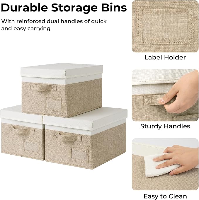 GRANNY SAYS Storage Bins with Lids, Decorative Storage Boxes with Lids | Storage Box with Dust Cover, Handles & Lable, Collapsible, Ideal for Closet Clothes Blanket Toys, Medium, White&khaki, 3-Pack
